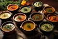 variety of homemade soups in individual bowls
