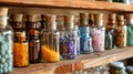 Variety of homeopathic remedies in glass bottles on a wooden shelf. Homeopathic pharmacy interior. Concept of Royalty Free Stock Photo