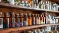 Variety of homeopathic remedies in glass bottles on a wooden shelf. Homeopathic pharmacy interior. Concept of Royalty Free Stock Photo