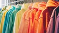 A variety of hoodies in bright colors arranged on hangers in a store, Ai Generated
