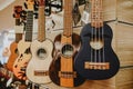 variety a huge selection of acoustic guitars in the music store window