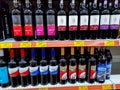 Variety of hungarian wines on local supermarket shelf.