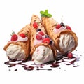 Delicious Cream And Fruit Ice Cream In Waffle Cones With Minty Berry