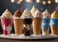 Variety of ice cream scoops in cones with chocolate, vanilla and strawberry Royalty Free Stock Photo