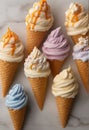 Variety of ice cream scoops in cones with chocolate, vanilla and strawberry Royalty Free Stock Photo