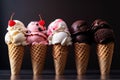 Variety of ice cream scoops in cones