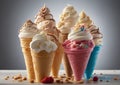 Variety of ice cream scoops in cones with chocolate, vanilla and strawberry Royalty Free Stock Photo