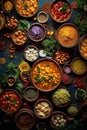 variety of Indian dishes and ingredients beautifully arranged in bowls. Generative AI