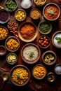 variety of Indian dishes and ingredients beautifully arranged in bowls. Generative AI