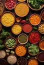 variety of Indian dishes and ingredients beautifully arranged in bowls. Generative AI