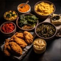 Variety of Indian snacks and appetizers including fried chicken, chickpeas, pakora pakoda patties, moong dumplings, bhajji bajji