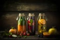 Variety of infused detox water in bottles with fruits and vegetables on wooden background
