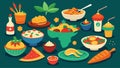 A variety of international cuisines from y Indian curries to mouthwatering Italian pastas.. Vector illustration.
