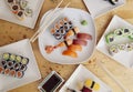 Variety of japanese food dishes Royalty Free Stock Photo