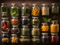 variety of jars of pickled vegetables and herbs Royalty Free Stock Photo