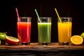 Variety of juices in glasses on a wooden table. Black background with copy space. Well-being, balanced diet nutrient-rich and