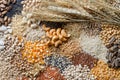 Variety kind of dry organic cereal and grain seeds pile with dry wheat ear