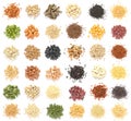 Variety kinds of natural cereal and grain seed pile on white background