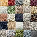 Variety kinds of natural cereal and grain seeds in chessboard pattern