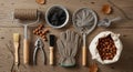 A variety of kitchen and gardening tools are arranged on a wooden surface alongside Royalty Free Stock Photo