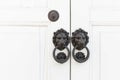 Knockers and handles on ancient doors, Old metal door handle on a wooden door