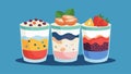 A variety of layered yogurt parfaits including ingredients like granola fresh fruit and chia seeds for a delicious and