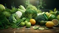 Variety of leafy green vegetables and fruits on wooden table with copy space