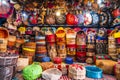 Variety of leather poufs sold in huge shop next to tannery in Fes, Morocco, Africa Royalty Free Stock Photo