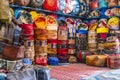 Variety of leather poufs sold in huge shop next to tannery in Fes, Morocco, Africa Royalty Free Stock Photo