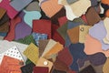 Variety of leather samples of different textures and colors, color choice for manufacturing of furniture, fashion accessories