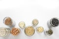 Variety of legumes and seeds in glass jars. Zero waste storage, no plastic concept Royalty Free Stock Photo