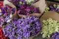 Variety of limonium sinuatum or statice salem flowers in blue, lilac, violet, pink, white colors bouquets of flowers in the greek