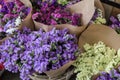 Variety of limonium sinuatum or statice salem flowers in blue, lilac, violet, pink, white colors bouquets of flowers in the greek