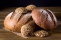 Variety of Loafs Fresh Baked Rye and Whole Grain Bread on Wooden Texture Background Dark Photo Variety of Bread Close Up Royalty Free Stock Photo