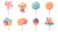a variety of lollipops on a stick with different designs on them, all in different colors and shapes, on a white background
