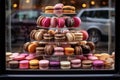 a variety of macarons displayed in a bakery window