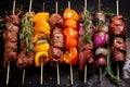 variety of marinated meats on skewers ready for grilling