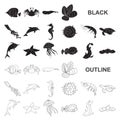 A variety of marine animals black icons in set collection for design. Fish and shellfish vector symbol stock web