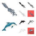 A variety of marine animals cartoon,black,flat,monochrome,outline icons in set collection for design. Fish and shellfish Royalty Free Stock Photo