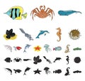 A variety of marine animals cartoon, black icons in set collection for design. Fish and shellfish vector symbol stock Royalty Free Stock Photo