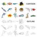 A variety of marine animals cartoon icons in set collection for design. Fish and shellfish vector symbol stock web Royalty Free Stock Photo