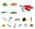 A variety of marine animals cartoon icons in set collection for design. Fish and shellfish vector symbol stock web Royalty Free Stock Photo