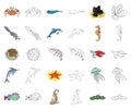 A variety of marine animals cartoon,outline icons in set collection for design. Fish and shellfish vector symbol stock Royalty Free Stock Photo