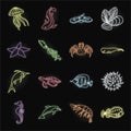 A variety of marine animals neon icons in set collection for design. Fish and shellfish vector symbol stock web