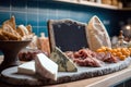 Variety of meat, ham and cheese slices over cutting board. Close up, macro shot with copy space. Charcuterie as background