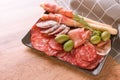 Variety of meat snacks, charcuterie plate with different types of sausages - salami, bresaola, proscuitto served with olives Royalty Free Stock Photo