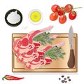 Variety of meat steaks on board with side products and herbs. Vector illustration