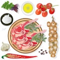 Variety of meat steaks on board with side products and herbs. Vector illustration