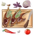 Variety of meat steaks on board with side products and herbs. Vector illustration