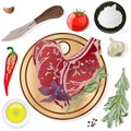 Variety of meat steaks on board with side products and herbs. Vector illustration